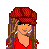 Pixel art of a female character in red top and blue jeans with brown hat, showing full body, torso, legs, and head views.