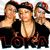 Three figures in black off-shoulder tops and red-accented headwear pose closely together against a white background.