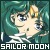 Pixelated anime-style character with teal hair and golden crescent moon accessory, smiling against teal background with 'SAILOR MOON' text below
