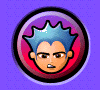 Five circular icons with red inner rings and black outer borders display distinct cartoon character faces on a purple background.