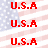 A 4-frame animated contact sheet showing repeated red text "U.S.A" over a pixelated American flag background with alternating blue and white stripes.