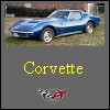 A blue classic Corvette sports car is shown in a grassy outdoor setting with a brick building in the background, below which the word 'Corvette' appears in yellow pixelated text and a small Corvette logo is visible.