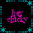 Pixelated pink text 'hey chick' in four quadrants surrounded by cyan dotted lines and star shapes on black background.