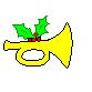 Yellow trumpet with holly sprig on top, static and animated versions side-by-side against gray background.