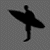 Black silhouette of a person holding a surfboard against a gray checkered background, rendered in low-resolution pixel art style with visible anti-aliasing and transparency effects.