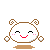 Pixelated character with white face, brown spiral ears, closed eyes, red smile, pink cheeks, and floating white orbs on sides.