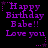Purple pixelated text on black background reads 'Happy Birthday Babe!! Love you' with star and dot decorations, arranged in a of six identical