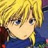 Pixelated anime-style character with blonde hair and blue eyes, wearing a blue top with dark red accents, cropped close to the face.
