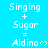 A static image displays a blue background with repeated white text reading "Singing + Sugar = Aldina" followed by a yellow heart symbol, arranged in three and multiple