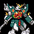 Pixelated robot with teal armor, red chest emblem, and golden crown-like headpiece in four poses showing arm and weapon movement.