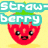 Pixelated strawberry character with green leaves, red body, and white seeds on yellow background; text overlays change across frames.