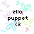 Pixelated icon with black text 'ello puppet <3' surrounded by pastel-colored pixel art shapes in purple, teal, light blue, and pink on white background.