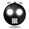 Black spherical character with glowing white eyes, three vertical lines on top, and a mouth, positioned above a white oval base