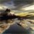 A pixelated landscape with a dark silhouette of a figure holding a long object against a gradient sky transitioning from warm yellow to cool gray tones.