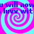 Pixelated cyan and magenta spiral pattern with repeated blue text reading "u will now luvv wit" on a solid background.