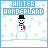 Pixel art snowman with black top hat, pink scarf, and orange nose under 'HINTER WONDERLAND' text on white background with blue snowflakes.