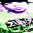 Pixelated image of a cartoon character with purple hair and white face, wearing dark clothing against green background.