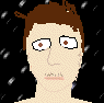 Pixelated character with brown hair and wide eyes appears in two side-by-side , one with black background and falling white shapes, the other with height measurement lines