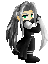 Pixelated character with long gray hair and green eyes in black outfit holding white prop, displayed in six views with varying pose and animation effects
