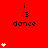 Red background with repeated 'i <3 dance' text and white heart symbols in a pattern, some hearts animate as vertical stacks