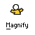 Yellow figure with white head and outstretched arms appears next to magnifying glass in various states of magnification and rotation.
