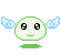 Pixelated character with green outline, white face, and blue wings shifts wing positions across frames.