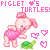 A 2x2 contact sheet of four animated frames showing a pink cartoon piglet in a swimsuit holding a green turtle, with heart symbols and text reading "FIGLET ♥'S TURTLES!" in alternating colors.