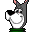 Pixelated cartoon character with gray body, pink inner ears, white face, black eye patches, and green lower torso against a light gray background.
