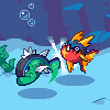 Pixel art animation of two fish-like creatures clashing underwater, with a preview showing a third creature