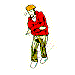 Animated sequence of a figure in red hoodie and camouflage pants performing breakdance moves including handstands, spins, and floorwork against white background.