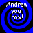 Four identical blue and black spiral patterns with white text reading "Andrew you fox!" arranged in a