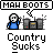 Animated contact sheet of 16 pixel art frames showing a blue stick figure interacting with gray server-like objects, displaying text "Country Sucks" and "HURT.." in various states.
