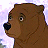 Brown dog with black nose and white eye highlights in profile view against light purple and white pixelated background.