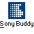 Pixelated blue square icon with white and light green patterned 'B' shape above black-and-white pixel text reading "Sony Buddy" on gray background.