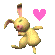 A 4-frame contact sheet of a pixelated yellow rabbit character in various poses with heart symbols, displayed on a gray background.