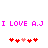Pixelated text "I LOVE A.J" in bright pink appears twice horizontally, with two of red and light-red heart icons below