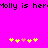 Pixelated text and flower icons on a bright pink background with repeated 'hermolly' text.