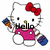 Hello Kitty character in pink dress with red bow, holding blue and orange objects, mouth open in
