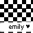 Black and white checkered background with pixelated text 'emily' flanking a heart symbol, all elements rendered in low-resolution digital style.