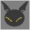 Two side-by-side pixel art frames of a dark circular head with pointed ears, showing yellow eyes transitioning from slanted to vertical pupils.