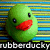 Green rubber duck with red beak and black eyes on striped background, text below reads 'rubberducky your the one you make bath time so much fun!!'