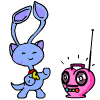 Blue cartoon character with long ears and pink radio prop, showing sequential animation frames of ear movement and radio display changes.