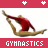 A contact sheet of three animated frames showing a gymnast in red leotard performing a split pose on a balance beam with pixelated motion blur and repeated 'GYMNASTICS' text labels.