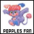 Pixelated character with purple body, red hat, green eyes, and pink accents on limbs, holding a pink ball on a tail-like appendage.