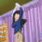 Animated sequence showing a character with black hair in a blue top and beige pants, transitioning to a silver-haired figure holding red fabric near a smaller child.