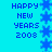 Pixelated blue text 'HAPPY NEW YEARS 2008' on cyan background with vertical star pattern.