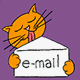 Four orange cartoon cats with closed eyes and pink tongues hold white envelopes labeled 'e-mail' against a purple background.
