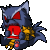 Pixel art of a blue wolf-like creature with red eyes and mouth, yellow accents, and a red circular mark on its chest, shown in four sequential poses.