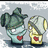 Two pixelated cartoon characters stand side-by-side against a light gray background with white cloud-like shapes; the right character's head is tilted down.