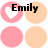 A static pixelated image shows four circular shapes in pink and peach tones with the name 'Emily' overlaid in bold black text.